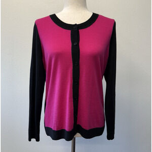 Talbots Italian Merino Wool Cardigan Sweater Womens Size L petite Pink Black